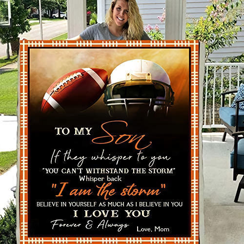 Personalized To My Son Blanket From Mom Dad For Football Lovers Whisper Back I Am The Storm Ball & Helmet Printed