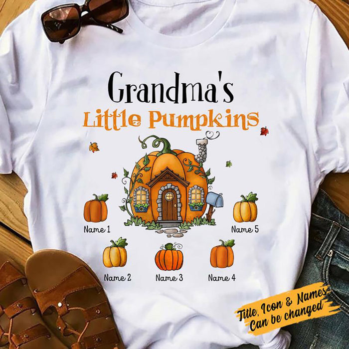 Personalized T-Shirt Grandma's Little Pumpkins With Cute Pumpkin House Printed Custom Grandkid's Name Fall Shirt