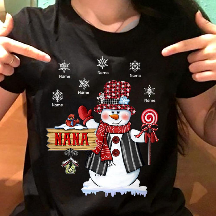 Personalized T-Shirt For Grandma Nana Snowman With Snowflakes Printed Custom Grandkids Name Red Buffalo Plaid Design