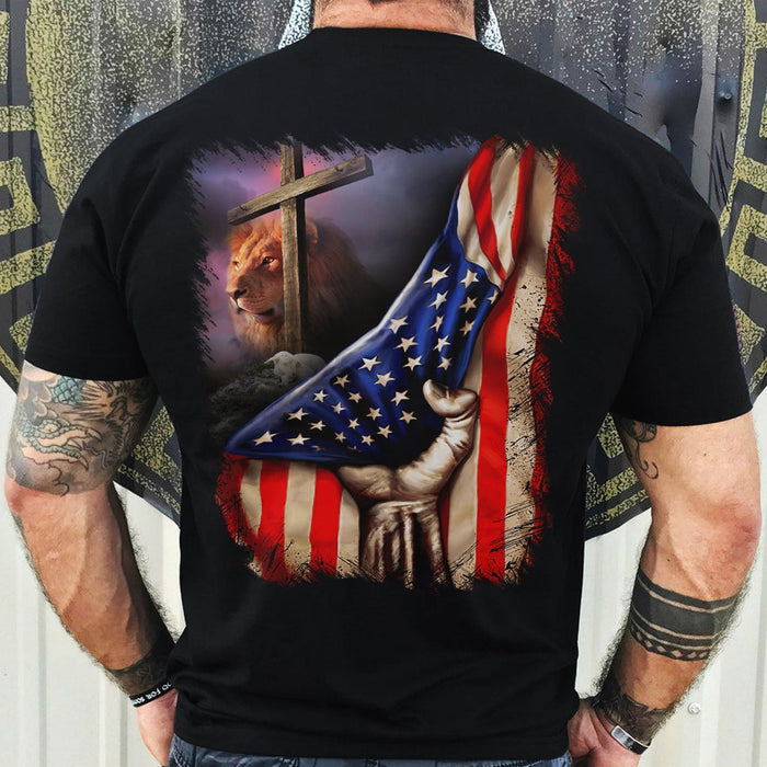 Classic T-Shirt For Men Jesus Lion And Lamb Printed With Christ Cross Fist Hand Pulling US Flag Printed