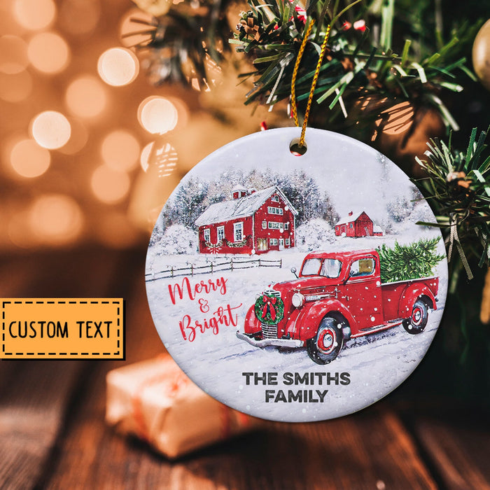 Personalized Christmas Ornament For Family Merry And Bright Retro Red Truck With Xmas Tree Ornament Custom Family Name