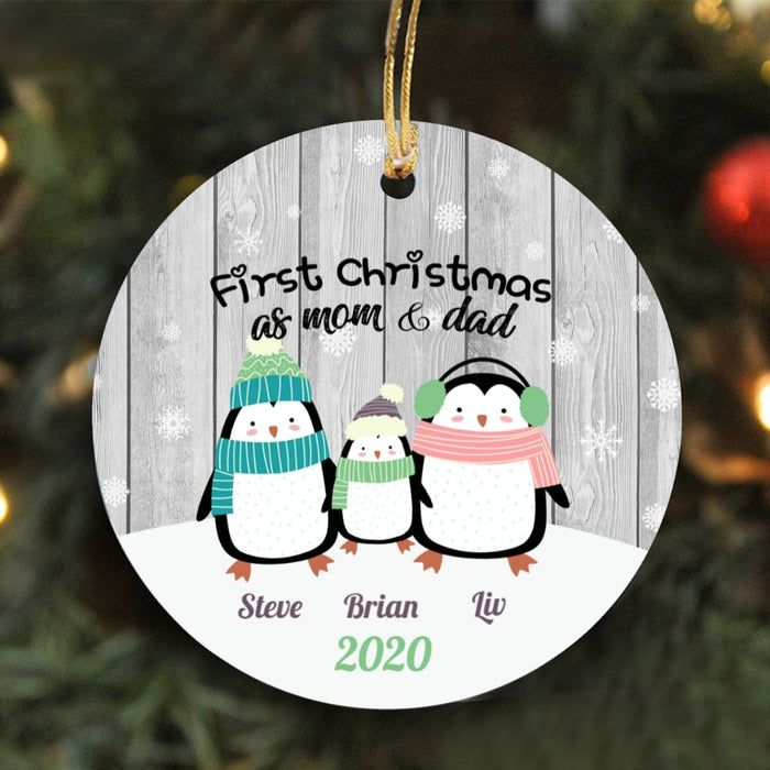 Personalized Our First Christmas As Mom And Dad Penguin Family Ornament Custom New Parents And Baby Kids Circle Ornament