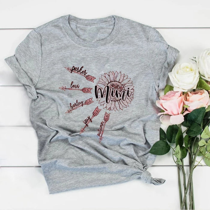 Personalized T-Shirt For Grandma Mimi Sunflower & Arrow Printed Custom Grandma's Nickname & Grandkid's Name