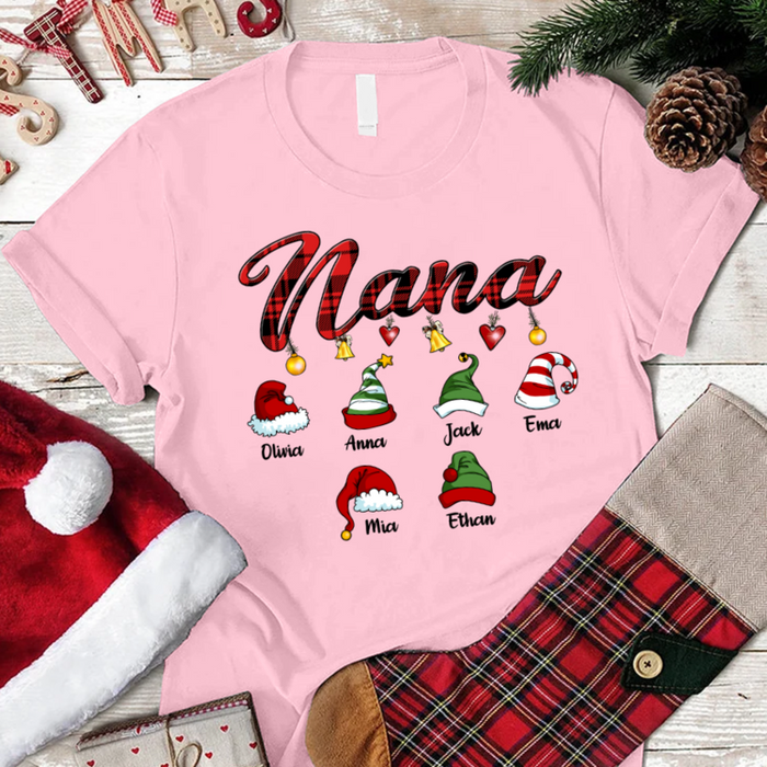 Personalized Christmas T-Shirt For Grandma Nana Print Cute Santa & Elf Hat Custom Grandkids Name