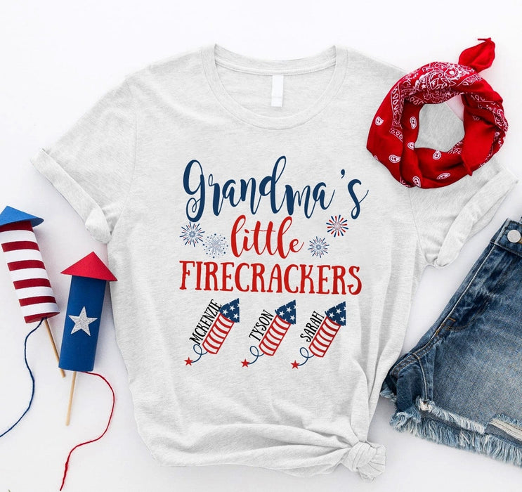 Personalized T-Shirt Grandma's Little Firecrackers Print Fireworks Custom Grandkids Name US Flag Red White Blue Shirt