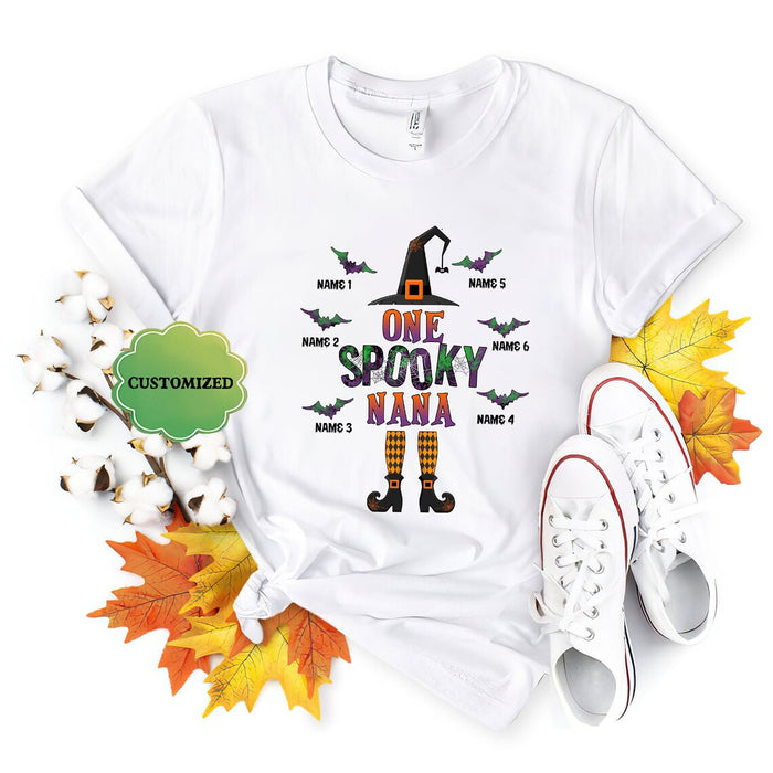 Personalized T-Shirt For Grandma One Spooky Nana Witch With Hat And Bat Printed Custom Grandkid's Name Halloween Shirt
