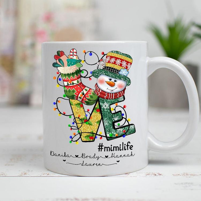 Personalized Coffee Mug For Grandma Love Hashtag Mimi Life Print Cute Snowman Sock & Xmas Light 11Oz 15Oz Mug