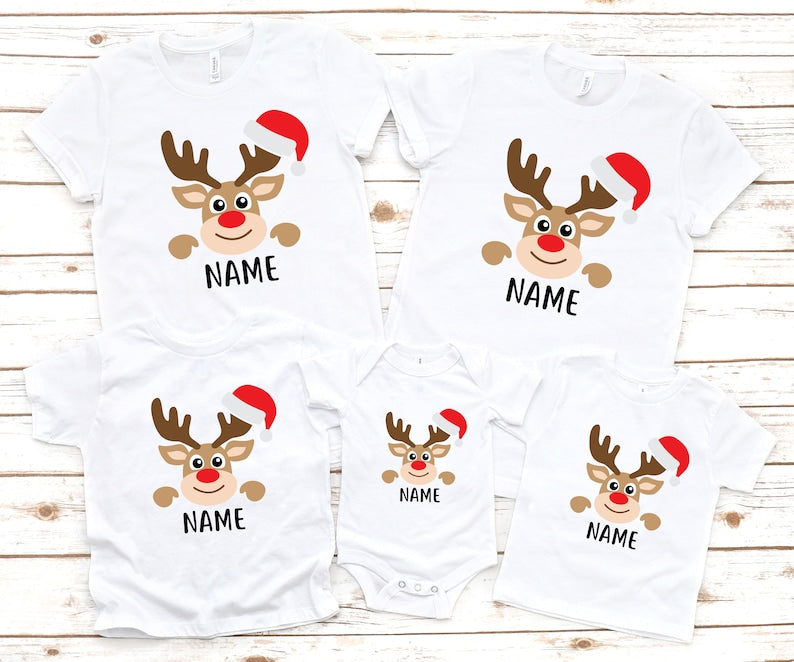 Personalized Matching Family Christmas Shirt Cute Reindeer Printed Custom Name Holiday Matching Pajamas