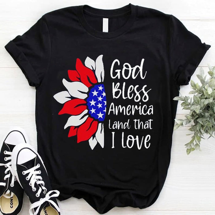 Classic Unisex T-Shirt Gob Blessed America Land That I Love Haft Sunflower US Flag Art Printed Patriotic Shirt