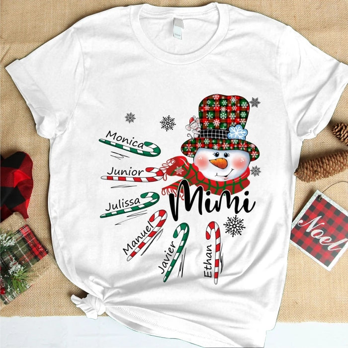 Personalized T-shirt For Grandma Mimi Cute Snowman With Hat Printed With Candy Cane & Snowflake Custom Grandkids Name