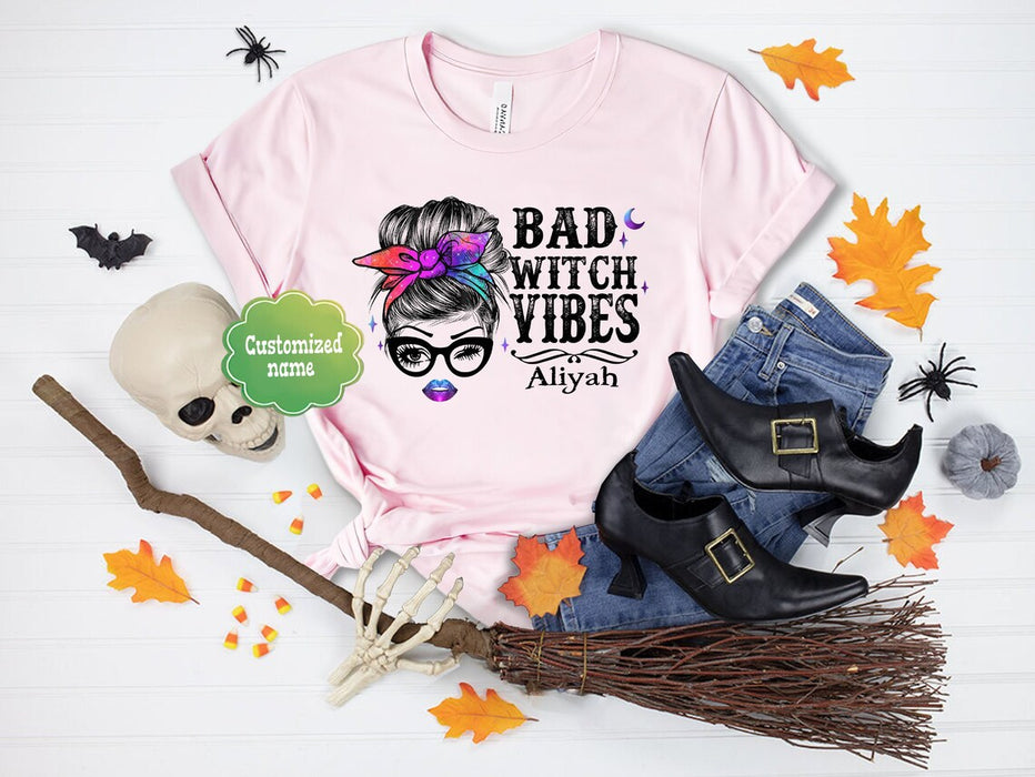 Personalized T-Shirt For Women Bad Witch Vibes Messy Bun Hair With Colorful Headband Printed Custom Name Halloween Shirt