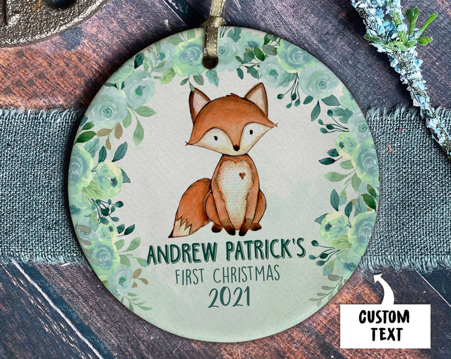 Personalized Circle Ornament For Baby Boy First Christmas Cute Baby Fox & Eucalyptus Wreath Printed Custom Name & Year