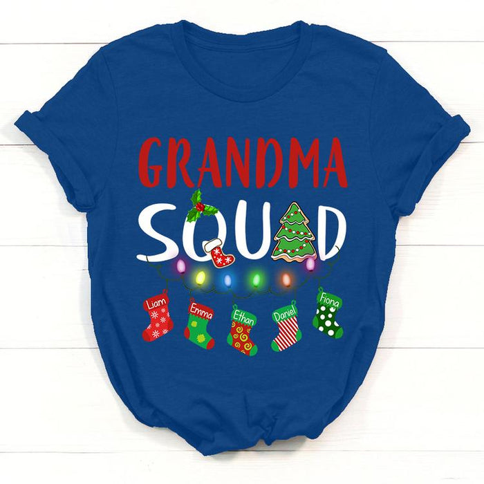 Personalized T-Shirt Grandma Squad Christmas Design With Socks Lights Tree Printed Custom Grandkids Name