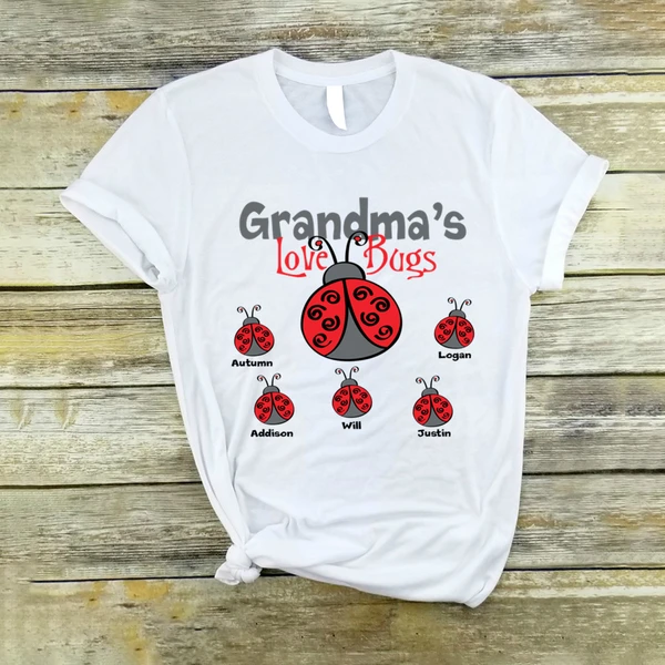 Personalized T-Shirt Grandma's Love Bugs Cute Red Bugs Printed Custom Grandkids Name Gift Ideas For Grandmother