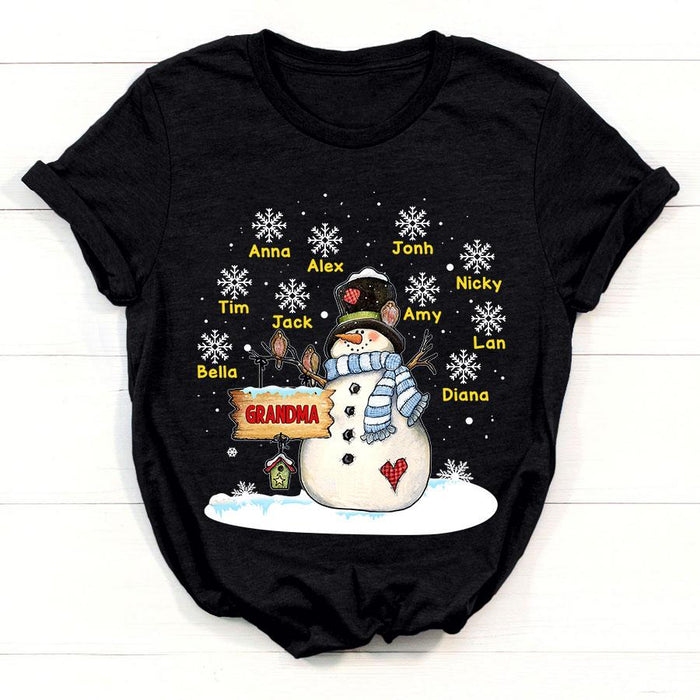 Personalized T-Shirt For Grandma Cute Snowman With Hat & Scarf Snowflakes Printed Custom Grandkids Name Christmas Design