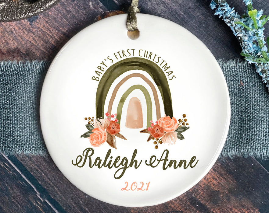 Personalized Circle Ornament Baby's First Christmas Rainbow Printed Floral Design Custom Baby'S Name & Year