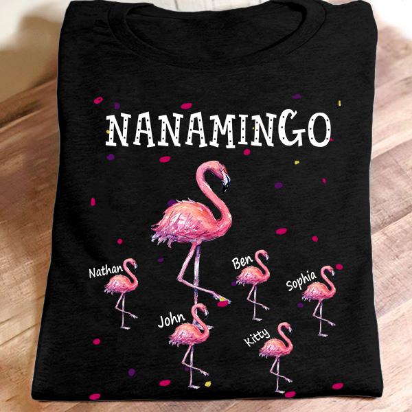 Personalized T-Shirt For Grandma Nanamingo Cute Flamingo Printed Custom Grandkids Name Gift From Grandson Granddaughter