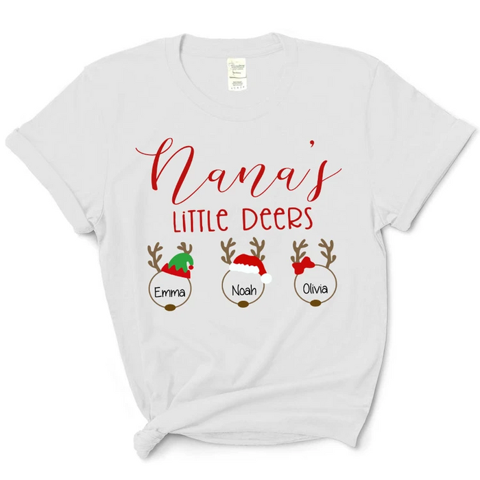 Personalized Christmas T-Shirt For Grandma Nana's Little Deers Cute Reindeer Printed Custom Grandkids Name