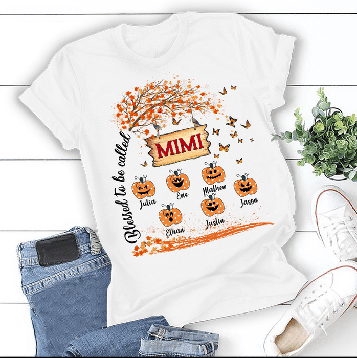 Personalized T-Shirt For Grandma Blessed To Be Called Mimi Cute Pumpkin Butterfly & Maple Tree Custom Grandkids Name