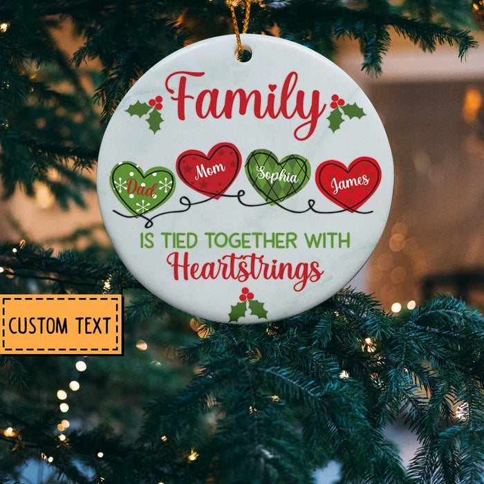 Personalized Christmas Ornament For Family Tied Together With Heartstrings Circle Ornament Custom Family Members Name