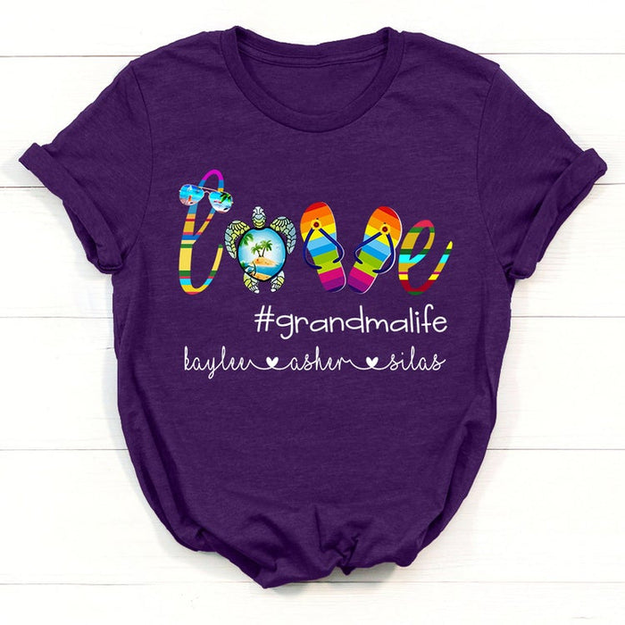 Personalized T-Shirt For Grandma Love Hashtag Grandma Life Turtle Flip-Flops Printed Custom Grandkids Name