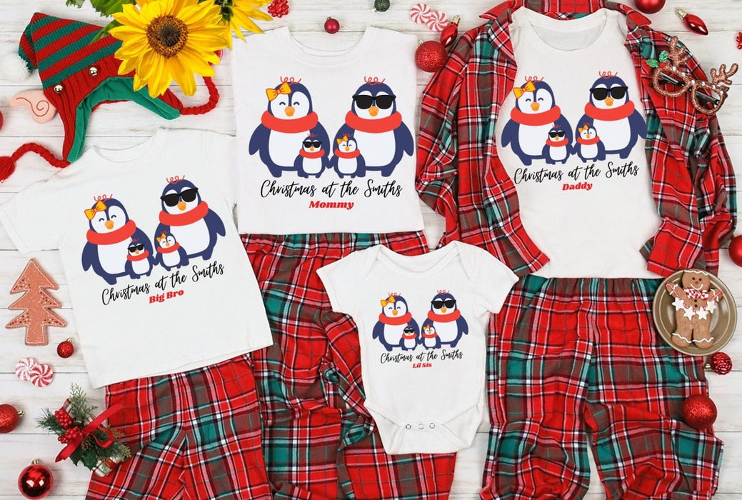 Personalized Family Matching Shirt Cute Penguins With Scarf Printed Custom Name & Title Funny Matching Xmas T-Shirt