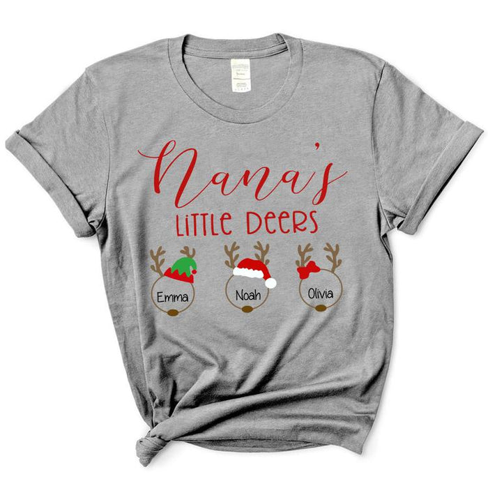 Personalized Christmas T-Shirt For Grandma Nana's Little Deers Cute Reindeer Printed Custom Grandkids Name