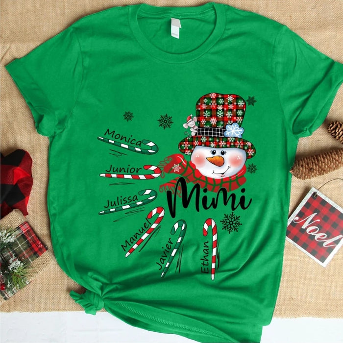 Personalized T-shirt For Grandma Mimi Cute Snowman With Hat Printed With Candy Cane & Snowflake Custom Grandkids Name