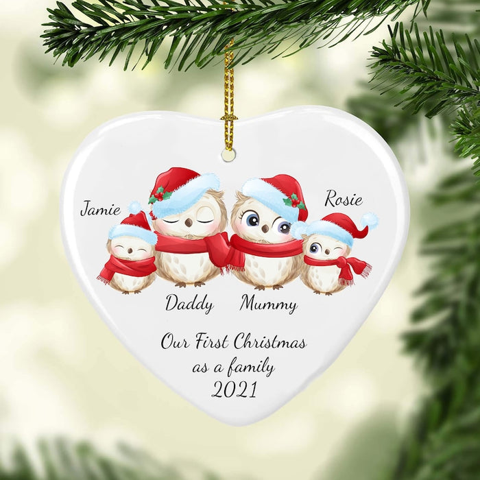 Personalized Heart Ornament For Family Our First Christmas As A Family 2021 Cute Owl Printed Custom Name And Title