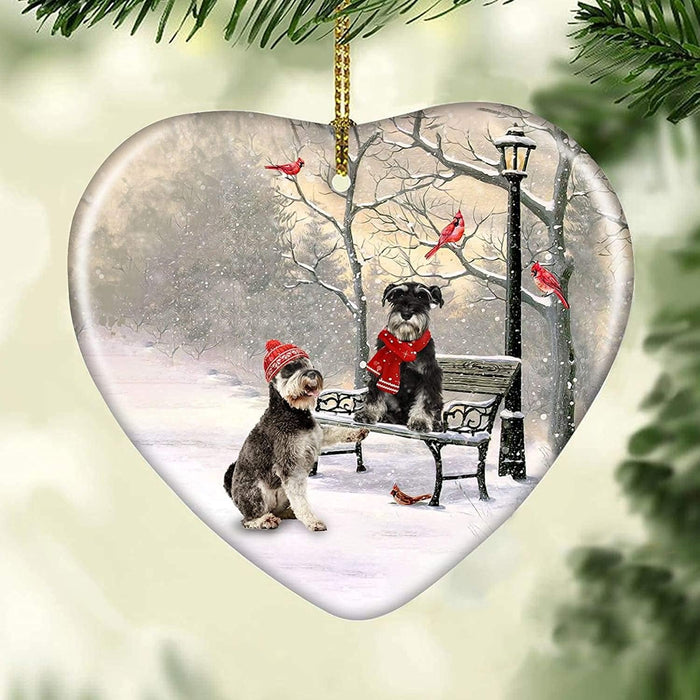 Cute Schnauzer And Cardinal In Snowy Heart Ornament For Him Her Couples Funny Santa Dog Ornament For Pet Owners