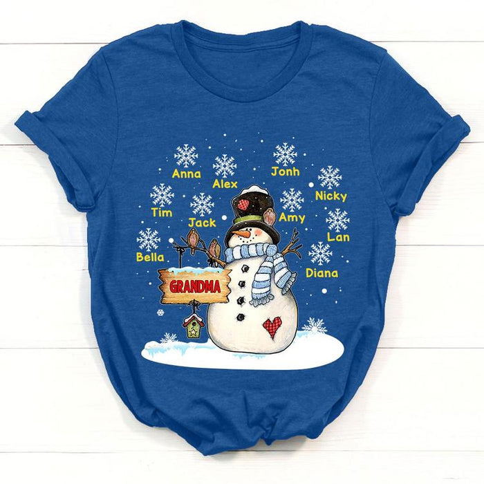 Personalized T-Shirt For Grandma Cute Snowman With Hat & Scarf Snowflakes Printed Custom Grandkids Name Christmas Design