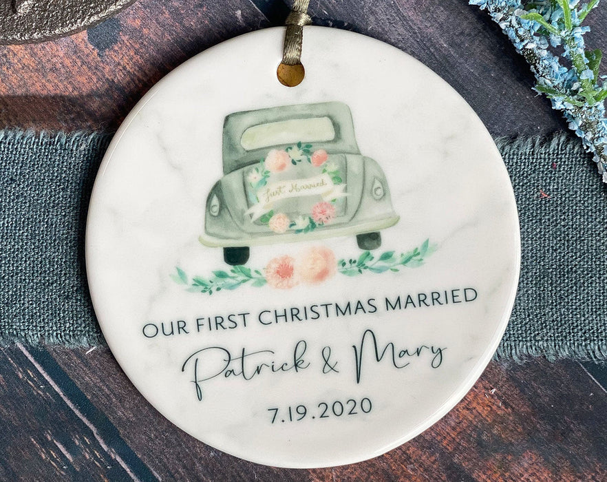 Personalized Our First Christmas Married Ornament For Husband Wife Newlyweds Custom Retro Car As Mr And Mrs Ornament