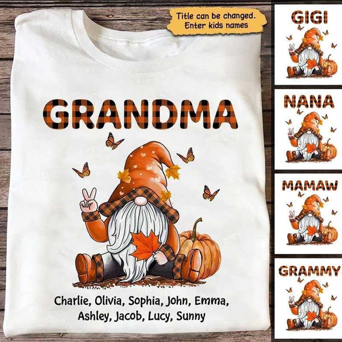 Personalized T-Shirt For Grandma Cute Gnome With Pumpkin Maple Leaves Butterfly Printed Custom Grandkids Name Fall Shirt