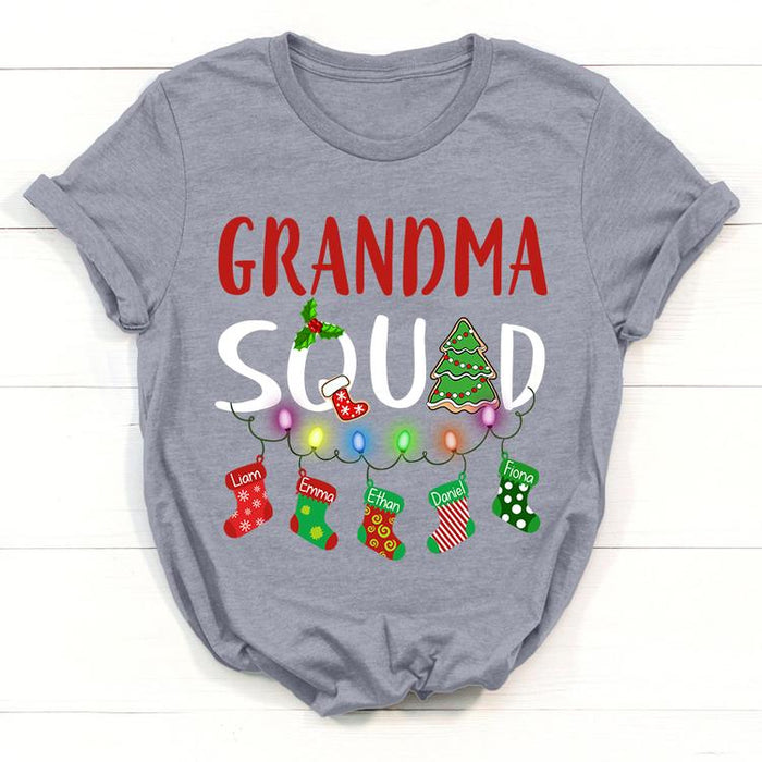 Personalized T-Shirt Grandma Squad Christmas Design With Socks Lights Tree Printed Custom Grandkids Name