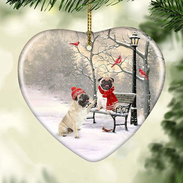 Funny Pug Dog Winter On A Date Heart Ornament for Couple Pet Lovers Red Cardinal Ornament Hanging Xmas Tree Decor