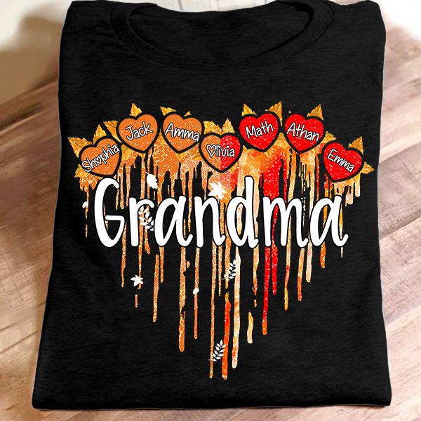 Personalized T-Shirt For Grandma Dripping Heart Sparkle Design With Maple Leaves Printed Custom Grandkid's Name