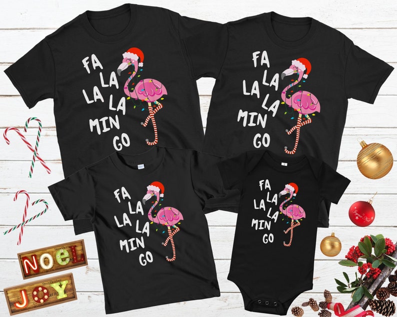 Family Christmas Matching Shirt Fa La La Min Go Cute Flamingo With Santa Hat Printed Tropical Vacation T-Shirt