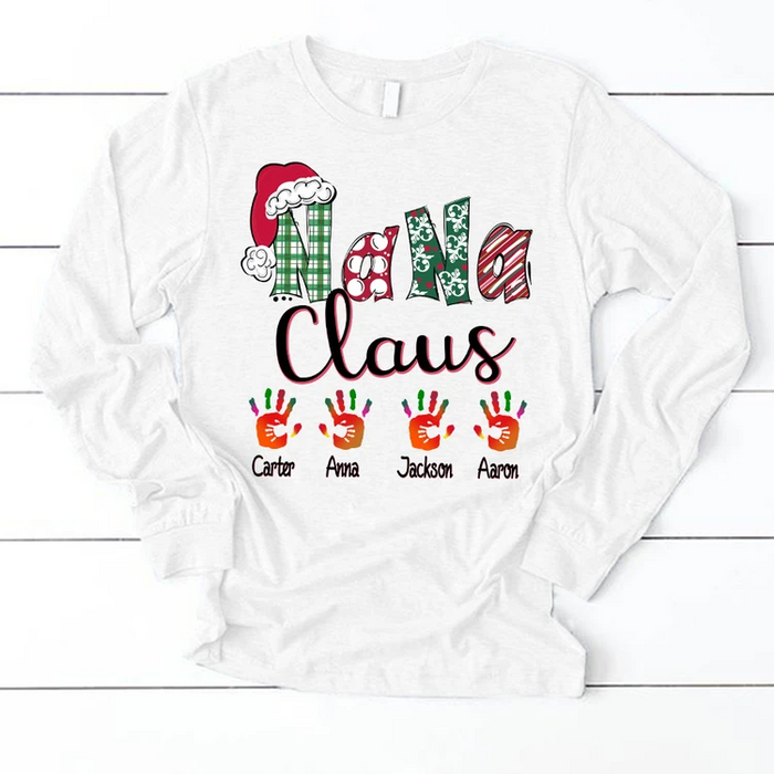 Personalized Long Sleeve Shirt For Grandma Nana Claus Cute Handprint Printed Plaid Design Custom Grandkids Name