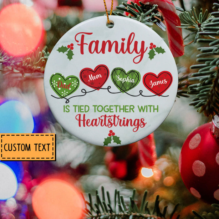 Personalized Christmas Ornament For Family Tied Together With Heartstrings Circle Ornament Custom Family Members Name