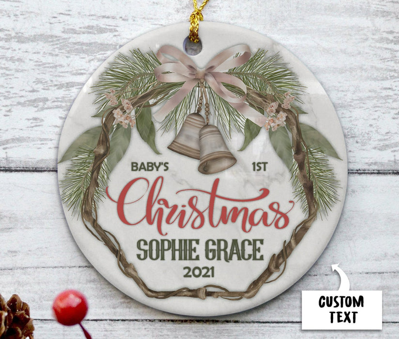 Personalized Ornament Baby's 1st Christmas Print Botanical Wreath & Bell Custom Name & Year Circle Ceramic Ornament