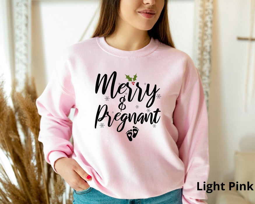 Classic Sweatshirt For Women Merry And Pregnant Christmas Pregnancy Announcement Sweatshirt