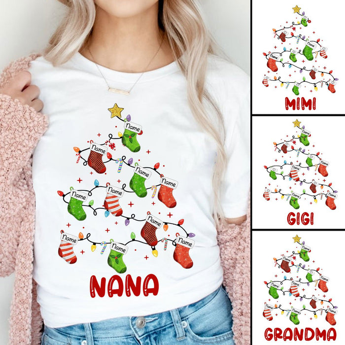 Personalized T-Shirt For Grandma Nana Christmas Stockings Tree & Lights Printed Colorful Design Cuts Grandkids Name