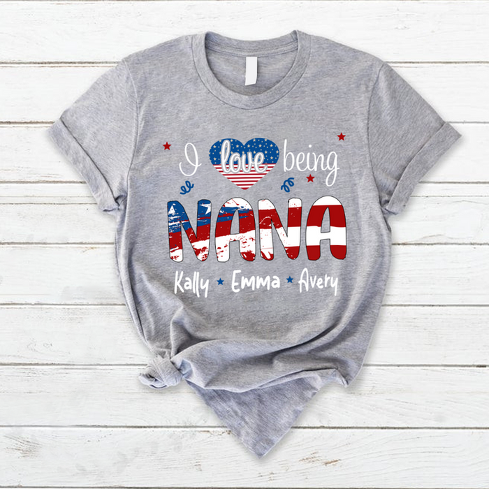 Personalized T-Shirt For Grandma I Love Being Nana Use Flag Heart Custom Grandkids Name 4th July Shirt