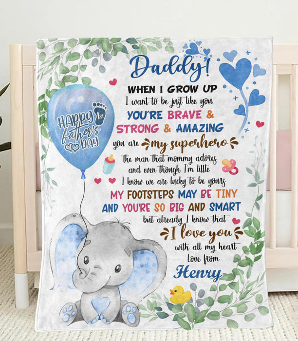 Personalized Blanket To My Dad From Baby Bump Happy First Father's Cute Baby Elephant & Flower Custom Name