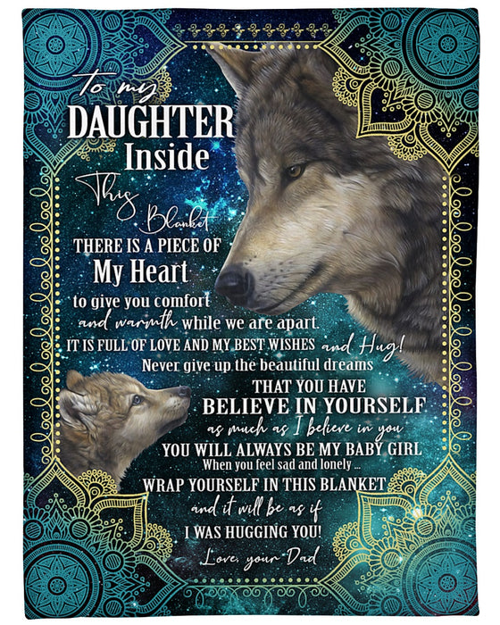 Personalized Blanket To My Daughter From Dad Believe In Yourself Daddy & Baby Wolf Galaxy Background Custom Name