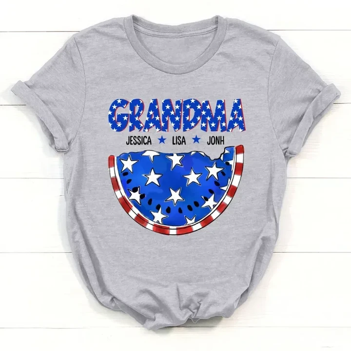 Personalized T-Shirt For Grandma Watermelon With USA Flag Style Custom Grandkids Name 4th July Day Shirt