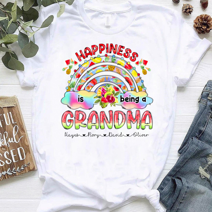 Personalized T-Shirt Happiness Is Being A Grandma Colorful Rainbow Design Fruits Printed Custom Grandkids Name