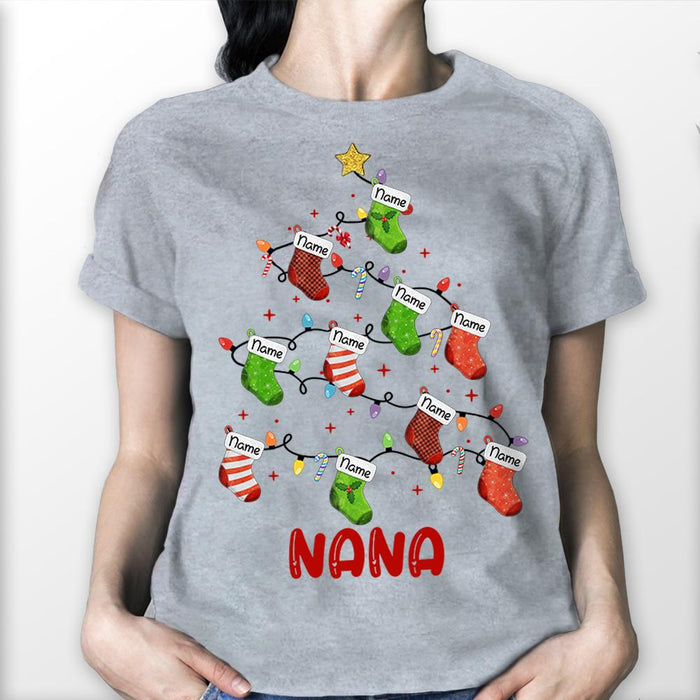 Personalized T-Shirt For Grandma Nana Christmas Stockings Tree & Lights Printed Colorful Design Cuts Grandkids Name