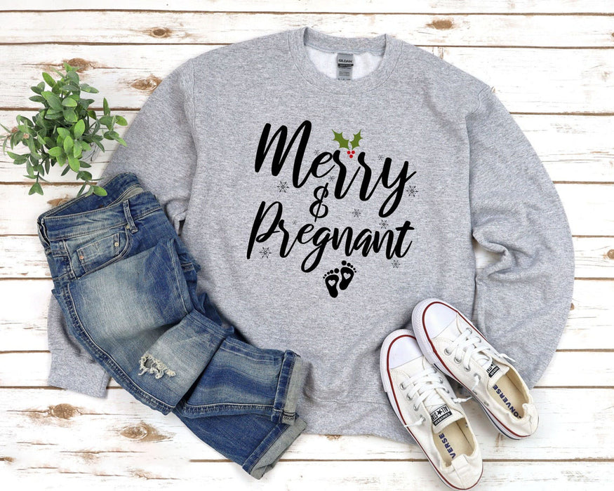Classic Sweatshirt For Women Merry And Pregnant Christmas Pregnancy Announcement Sweatshirt