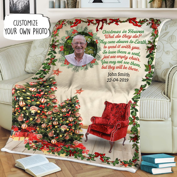 Personalized Memorial Blanket For Loss Of Family Christmas In Heaven Red Chair Custom Name Photo Remembrance Gifts